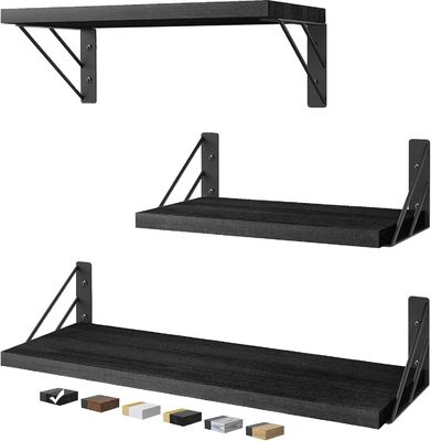 Набор из 3 современных регулируемых черных стенных деревянных полков для хранения