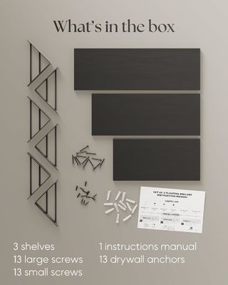 Набор из 3 современных регулируемых черных стенных деревянных полков для хранения