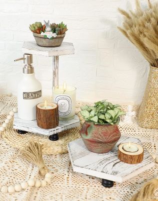 2-уровневый шестиугольный деревянный дисплейный подъемник Белый фармхаус для кухни и ванной комнаты