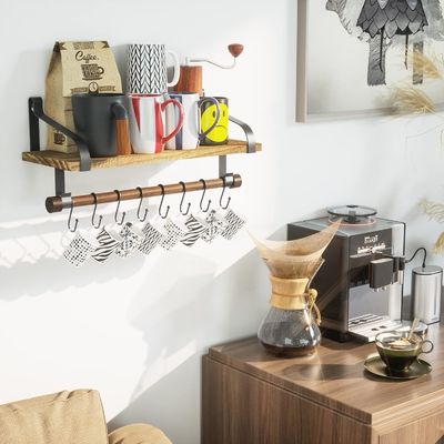 Рустическое дерево 8 съемные крюки Стенные плавучие полки Кухонная пряность Стеллаж с полотенцем
