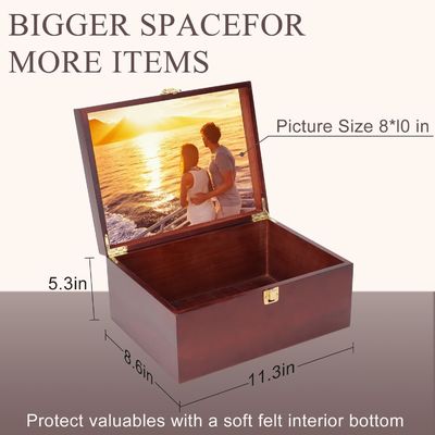 Большая деревянная коробка для сувениров с застегнутой крышкой и фоторамкой Элегантные свадебные воспоминания
