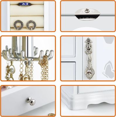 Ручная белая коробка для ювелирных изделий из твердого дерева с 4 ящиками Большое зеркало и колесо