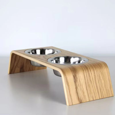 202407 Подарок для домашних животных Персонализированный деревянный столик с двумя стальными мисками