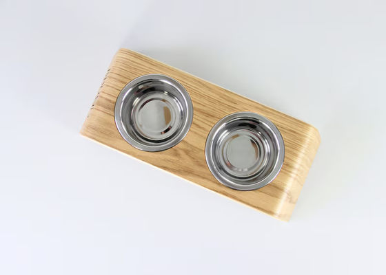 202407 Подарок для домашних животных Персонализированный деревянный столик с двумя стальными мисками