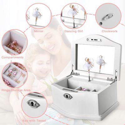 Средний белый деревянный балерина ювелирный ящик со зеркалом для персонализированной организации