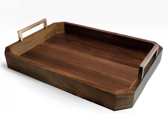 Кухня Ресторан Деревянная поднос с золотым полированным металлическими ручками Орех