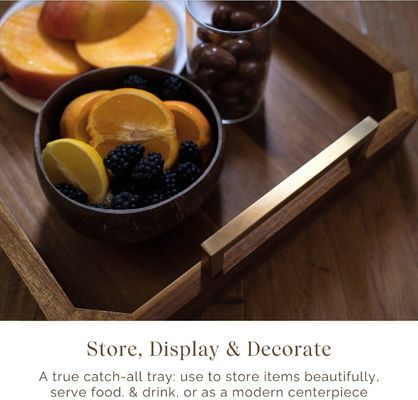 Кухня Ресторан Деревянная поднос с золотым полированным металлическими ручками Орех