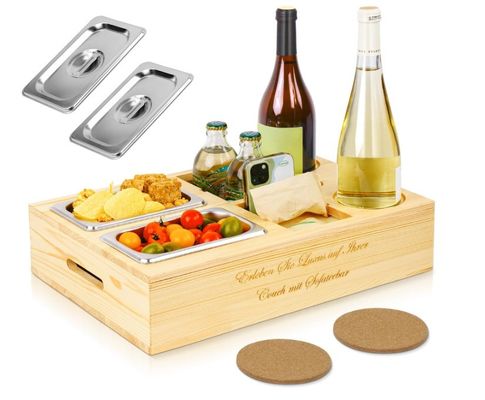 Настраиваемый логотип деревянный диванный поднос с держателем напитка с съемной крышкой и хранилищем