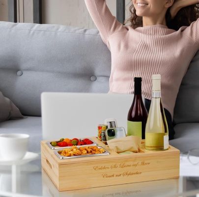 Настраиваемый логотип деревянный диванный поднос с держателем напитка с съемной крышкой и хранилищем