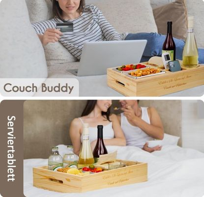 Настраиваемый логотип деревянный диванный поднос с держателем напитка с съемной крышкой и хранилищем