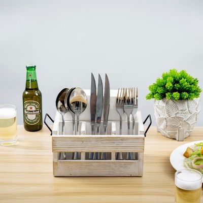 Несгибаемая стойка для посуды и салфеток Белое промытое твердое дерево Черные металлические ручки