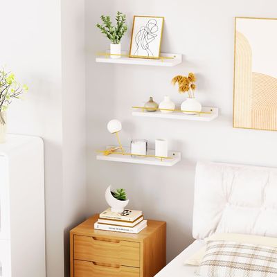 Стенные полки ванной комнаты набор из 3 с золотым металлическим ограждением и бамбуковым деревом 41X13.5X2cm