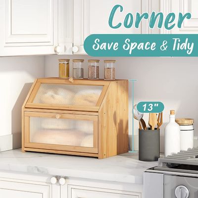 Акриловые волнистые двери Хлебные коробки для хранения двойной слой Бамбуковый деревянный дизайн для кухонной стойки