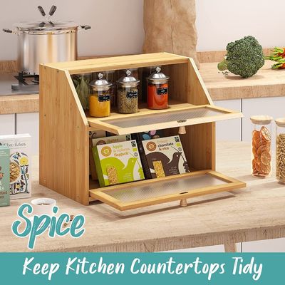 Акриловые волнистые двери Хлебные коробки для хранения двойной слой Бамбуковый деревянный дизайн для кухонной стойки