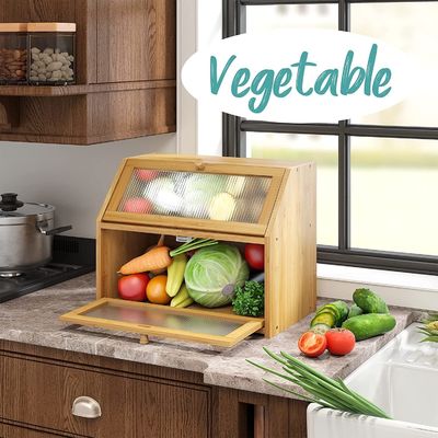 Акриловые волнистые двери Хлебные коробки для хранения двойной слой Бамбуковый деревянный дизайн для кухонной стойки