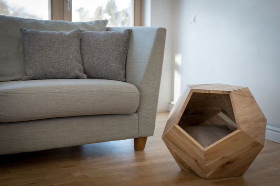 Контейнер для домашнего хранения Пещера для кошачьих кроватей в современном дизайне с массивным деревом и боковым столом