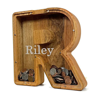 Английское письмо Деревянный свиничный банк Персонализированный алфавитный денежный банк толщиной 1,75 дюйма