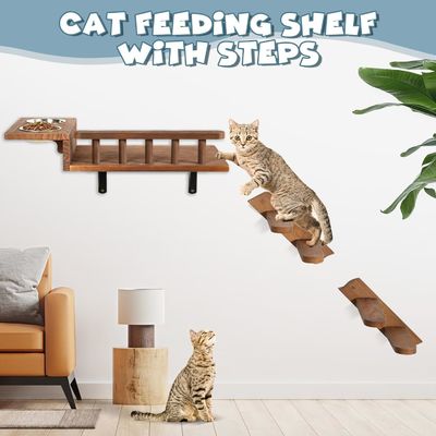 Попрощайтесь с беспорядочным полом Стенная полка для кошек с лестницей и двумя мисками