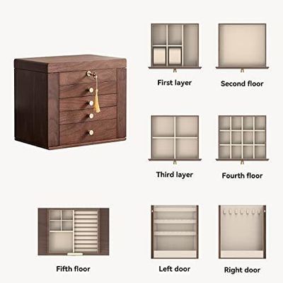 Традиционная деревянная ювелирная коробка с 5 ящиками и двумя боковыми дверями из полированного грецкого ореха