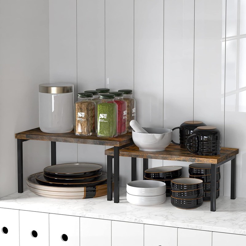 Availbale OEM ODM Набор из 2 расширяемой полки в рустическом коричневом для экономии места