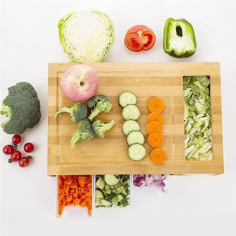 Двуугольная бамбуковая доска для резки с 4 контейнерными подносами