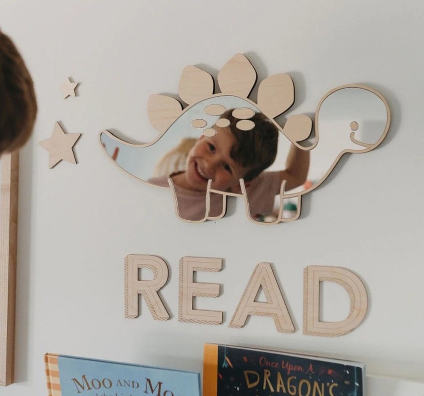 Настраиваемый логотип деревянный динозавр в форме рамы зеркало с деревянной рамой и деревянным