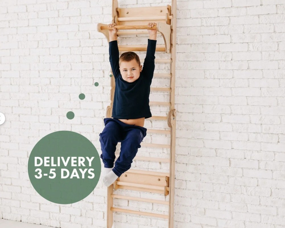 202405 Шведская лестница 4 в 1 Детская тренажерная с треугольником и детским столом